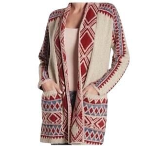 Lucky Brand Aztec Print Drape Wrap Cardigan Sweater Pockets Red Beige Tribal